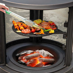 Outdoor Wood Burning Chiminea Fire Pit for Patio Backyard BBQ, 30 Inch Metal Fireplace with Grill, Chiminea Cover & Spark Screen Door, Fire Poker
