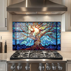 Mosaic Tree of Life Tempered Glass Backsplash for Kitchen Behind Stove, Stove Back Top Cover, Easy to Clean Glass Splashback, Sink Cover Splash Guard, Home Kitchen Wall Decor