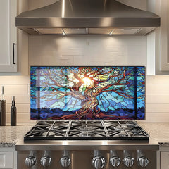 Mosaic Tree of Life Tempered Glass Backsplash for Kitchen Behind Stove, Stove Back Top Cover, Easy to Clean Glass Splashback, Sink Cover Splash Guard, Home Kitchen Wall Decor