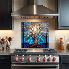 Mosaic Tree of Life Tempered Glass Backsplash for Kitchen Behind Stove, Stove Back Top Cover, Easy to Clean Glass Splashback, Sink Cover Splash Guard, Home Kitchen Wall Decor