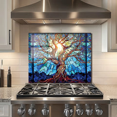 Mosaic Tree of Life Tempered Glass Backsplash for Kitchen Behind Stove, Stove Back Top Cover, Easy to Clean Glass Splashback, Sink Cover Splash Guard, Home Kitchen Wall Decor