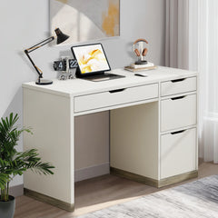 Dreamcurship White Desk with Drawers, Modern Computer Desk with File Drawers, Home Office Study Writing Desk with Storage, White