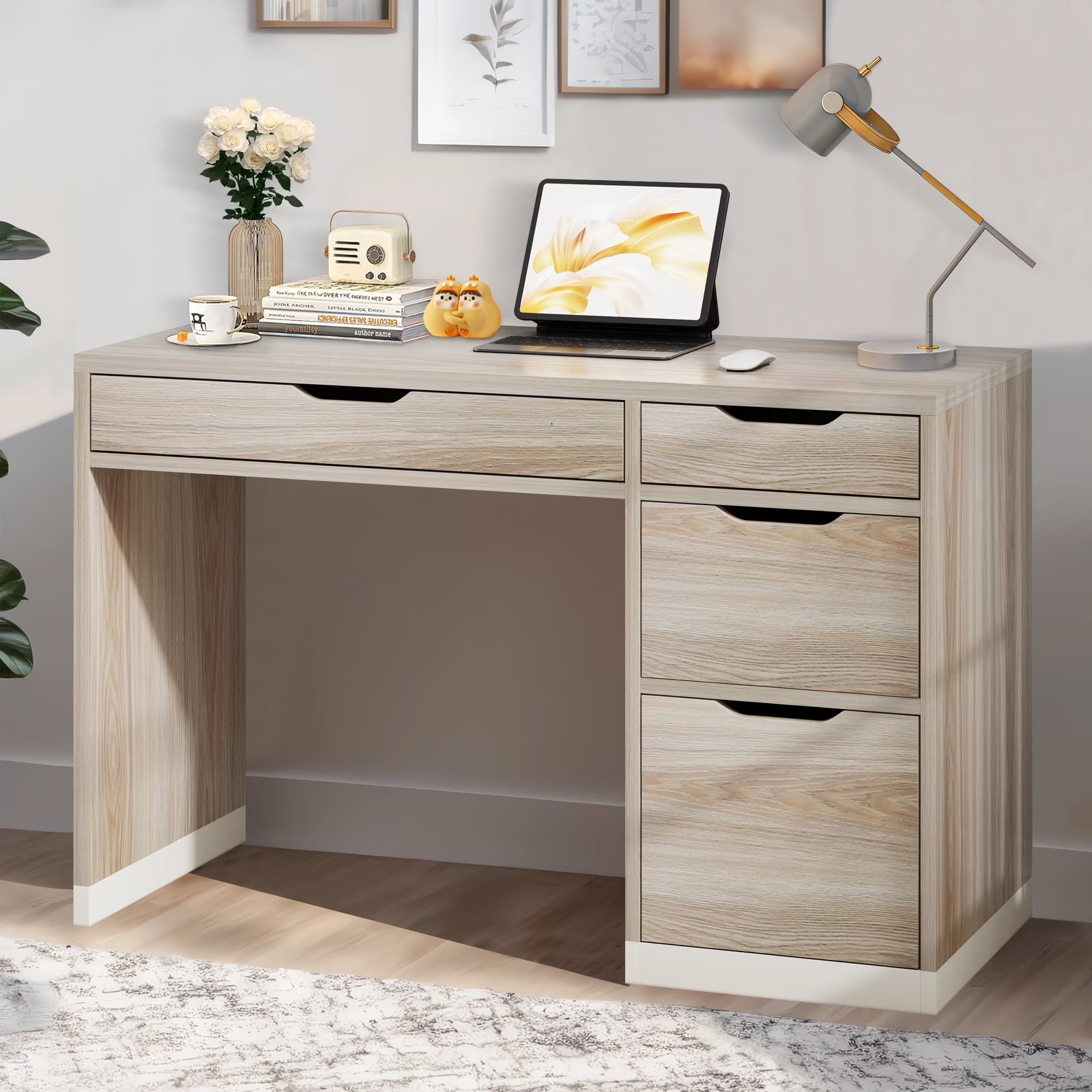Dreamcurship White Desk with Drawers, Modern Computer Desk with File Drawers, Home Office Study Writing Desk with Storage, White