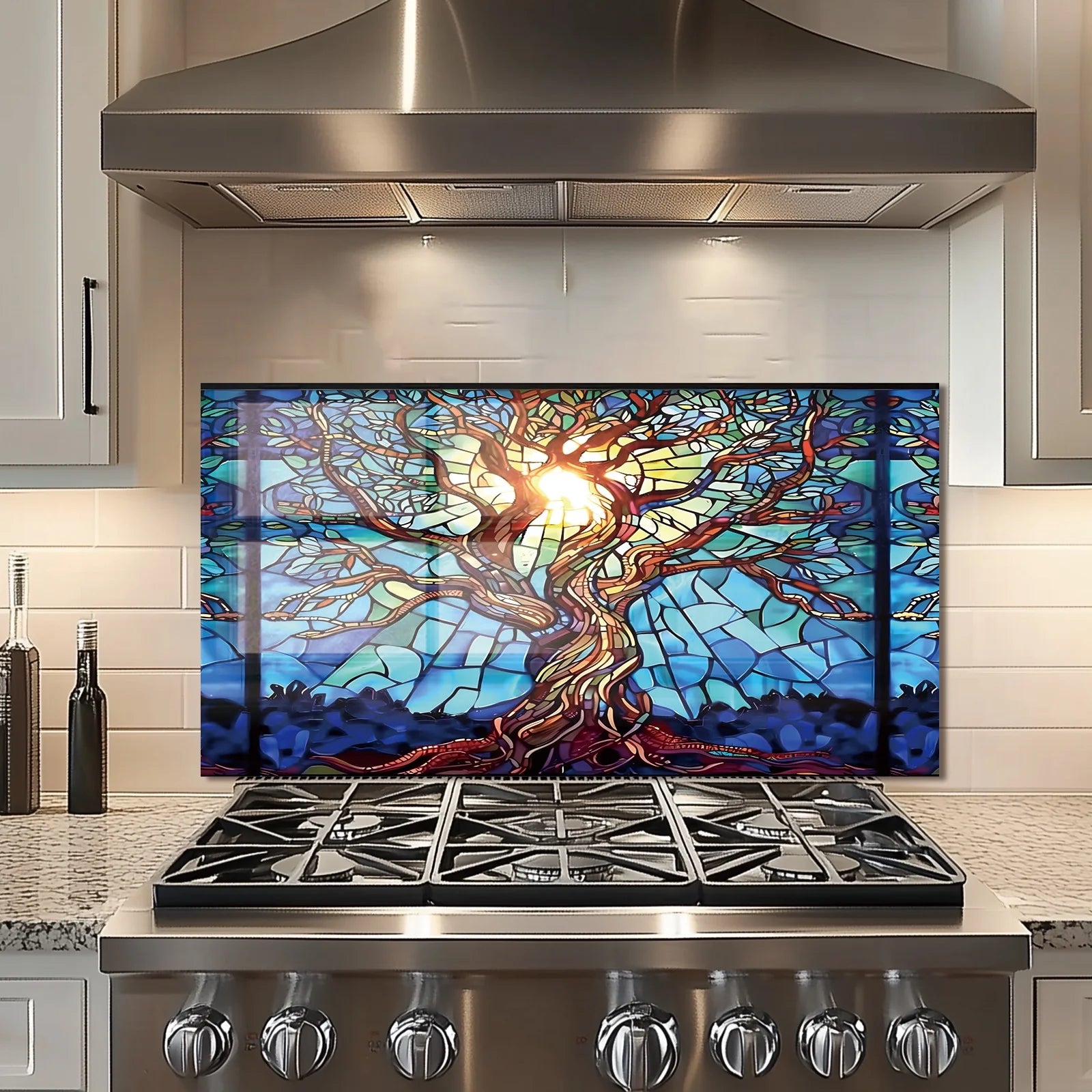 Mosaic Tree of Life Tempered Glass Backsplash for Kitchen Behind Stove, Stove Back Top Cover, Easy to Clean Glass Splashback, Sink Cover Splash Guard, Home Kitchen Wall Decor