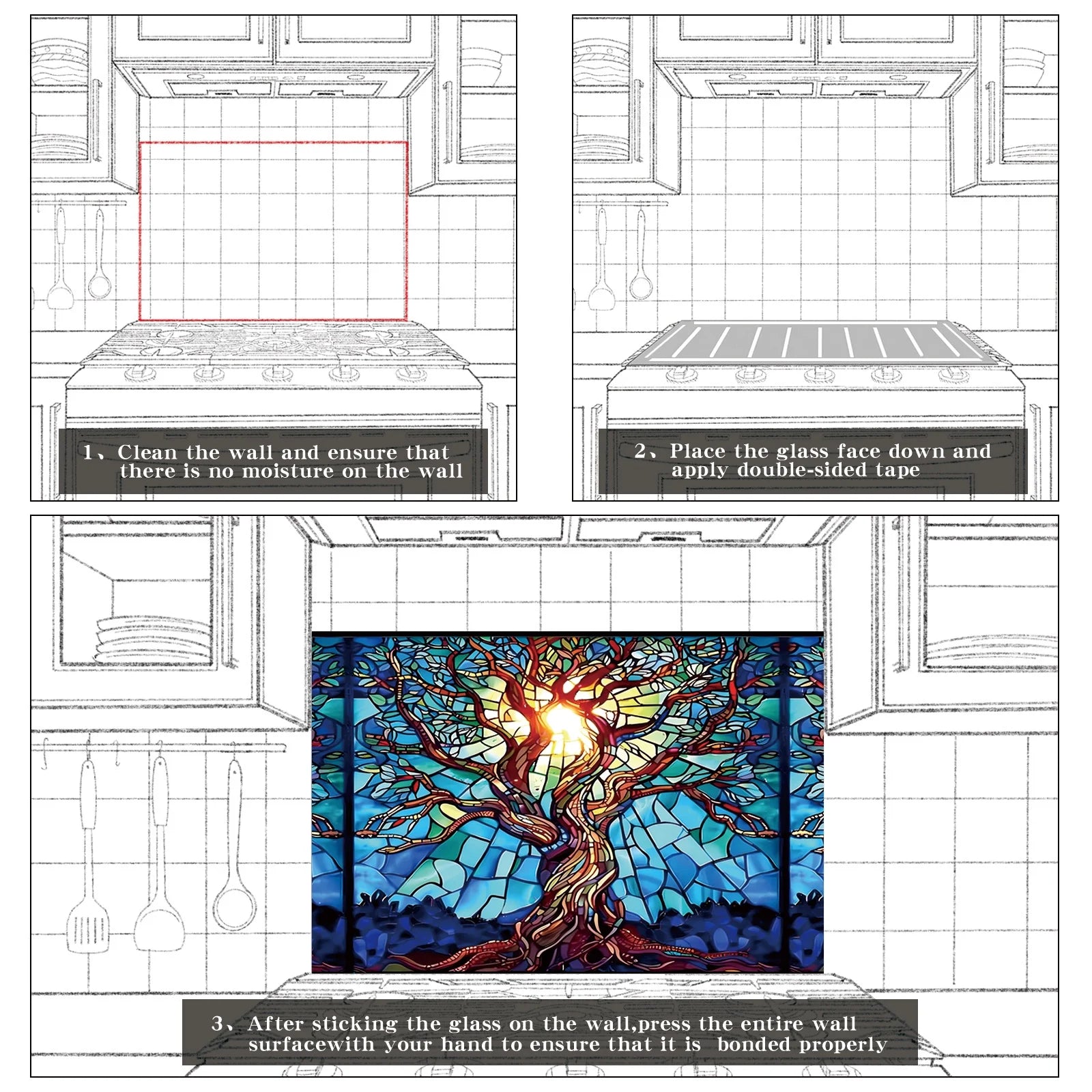 Mosaic Tree of Life Tempered Glass Backsplash for Kitchen Behind Stove, Stove Back Top Cover, Easy to Clean Glass Splashback, Sink Cover Splash Guard, Home Kitchen Wall Decor
