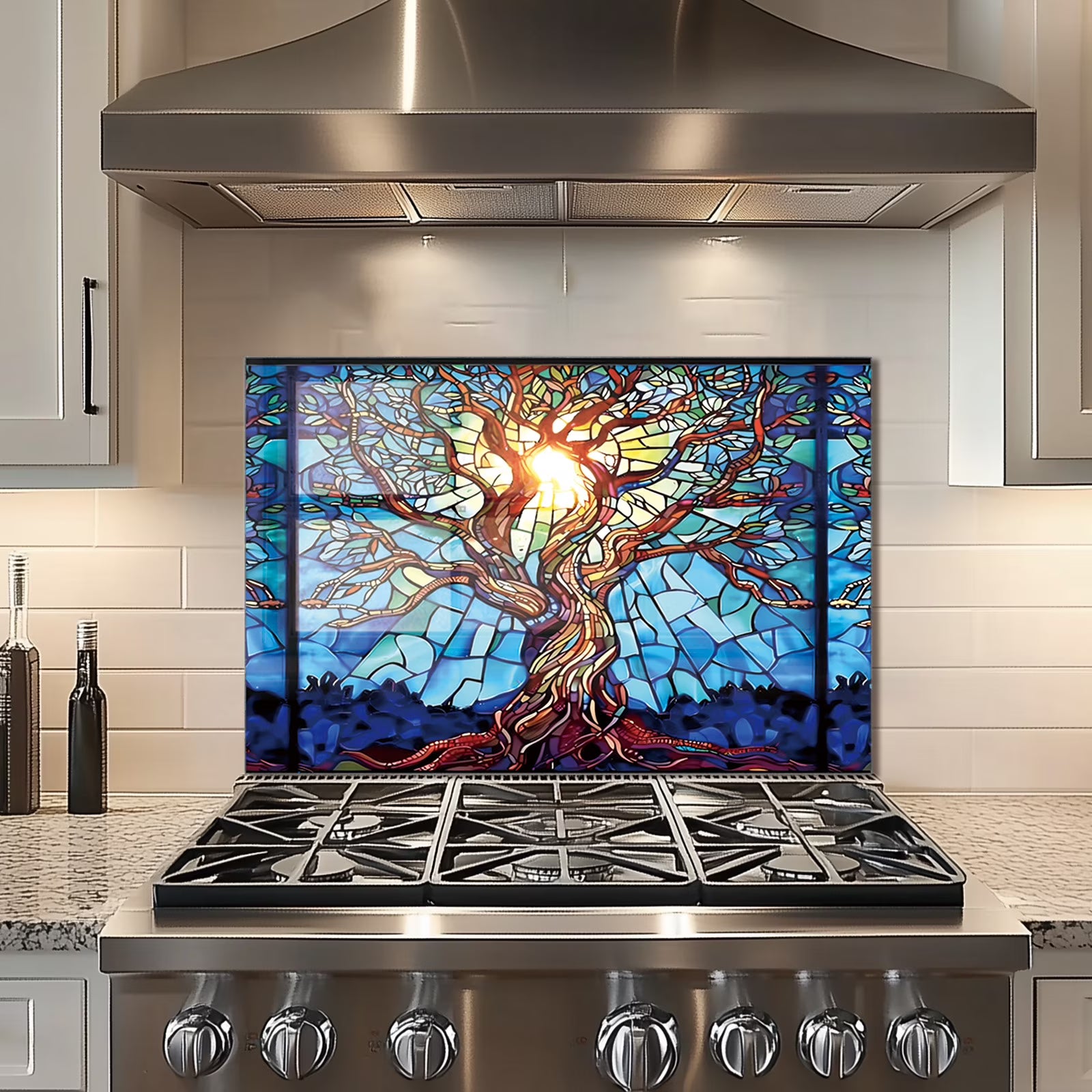 Mosaic Tree of Life Tempered Glass Backsplash for Kitchen Behind Stove, Stove Back Top Cover, Easy to Clean Glass Splashback, Sink Cover Splash Guard, Home Kitchen Wall Decor