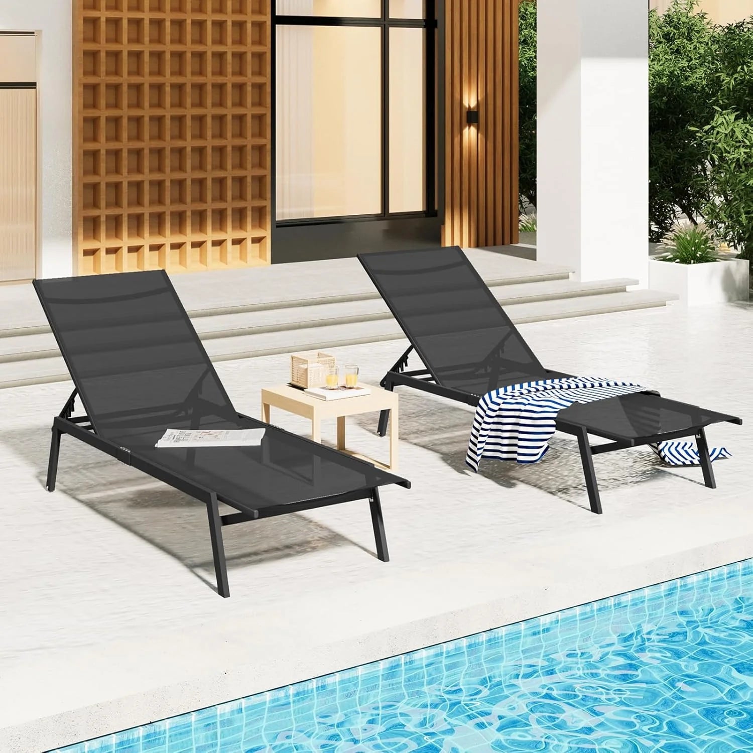 AECOJOY Patio Lounge Chairs for Outside, Outdoor Chaise Lounge with Wheels, Black, 2PCS