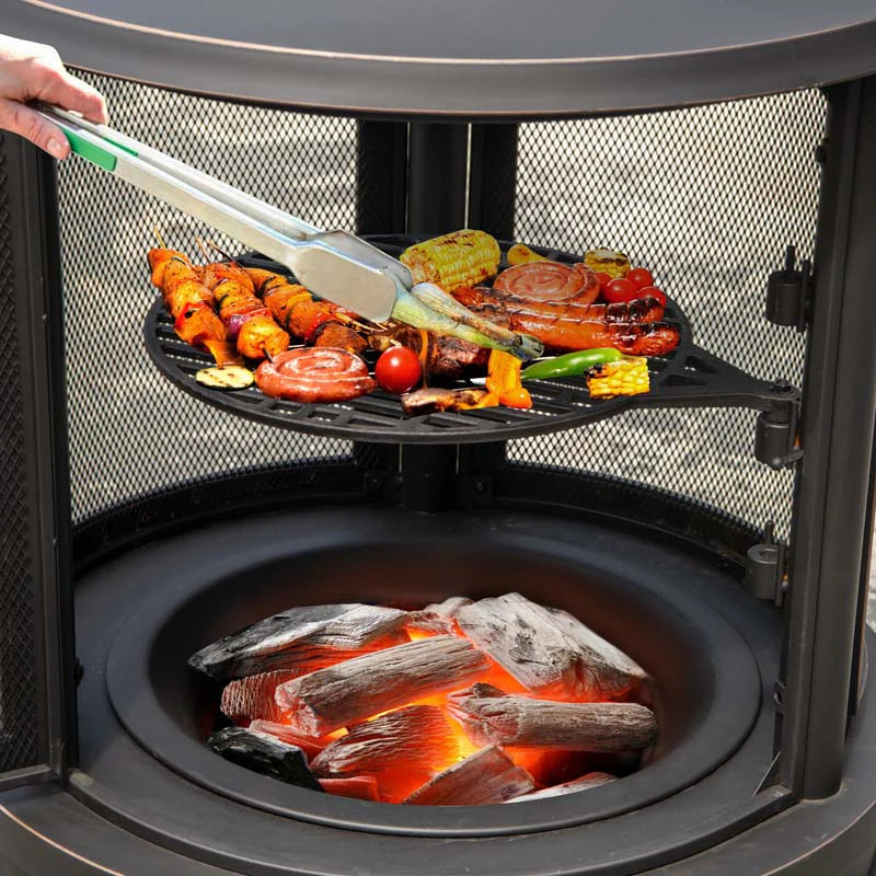 Outdoor Wood Burning Chiminea Fire Pit for Patio Backyard BBQ, 30 Inch Metal Fireplace with Grill, Chiminea Cover & Spark Screen Door, Fire Poker