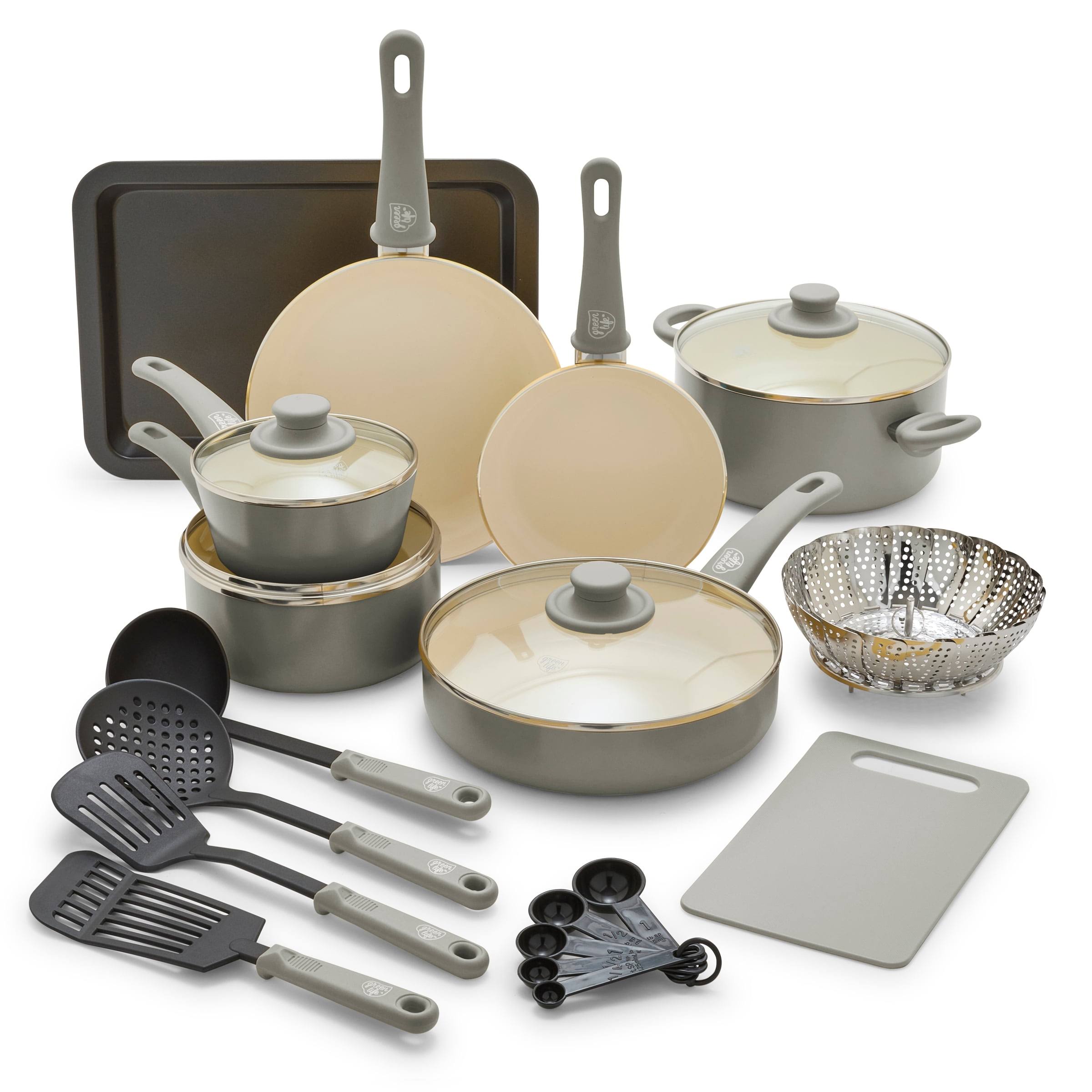 GreenLife Soft Grip Absolutely Toxin-Free Healthy Ceramic Non-stick Cookware Set, 18-Piece Set, Grey