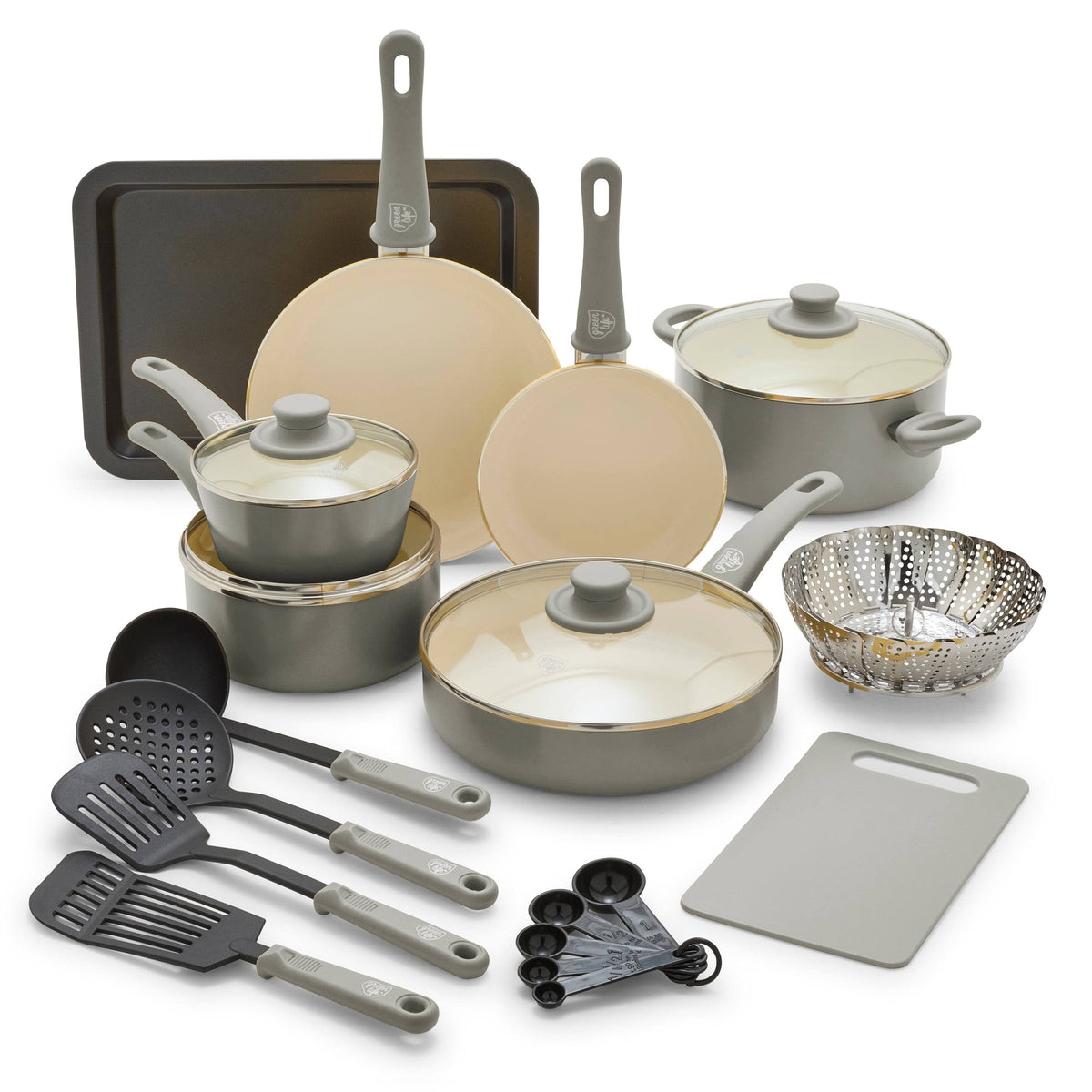 GreenLife Soft Grip Absolutely Toxin-Free Healthy Ceramic Non-stick Cookware Set, 18-Piece Set, Grey