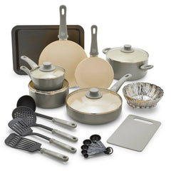 GreenLife Soft Grip Absolutely Toxin-Free Healthy Ceramic Non-stick Cookware Set, 18-Piece Set, Grey