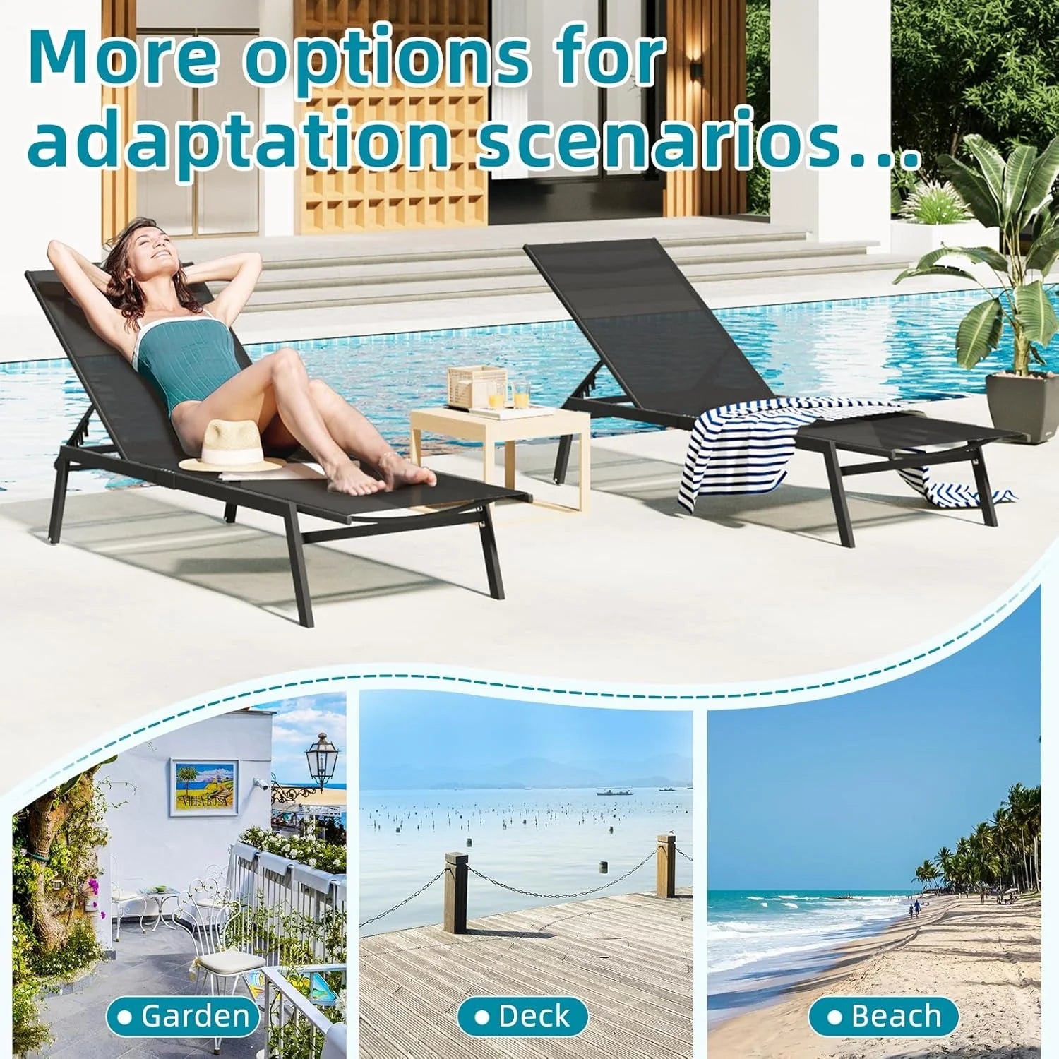AECOJOY Patio Lounge Chairs for Outside, Outdoor Chaise Lounge with Wheels, Black, 2PCS