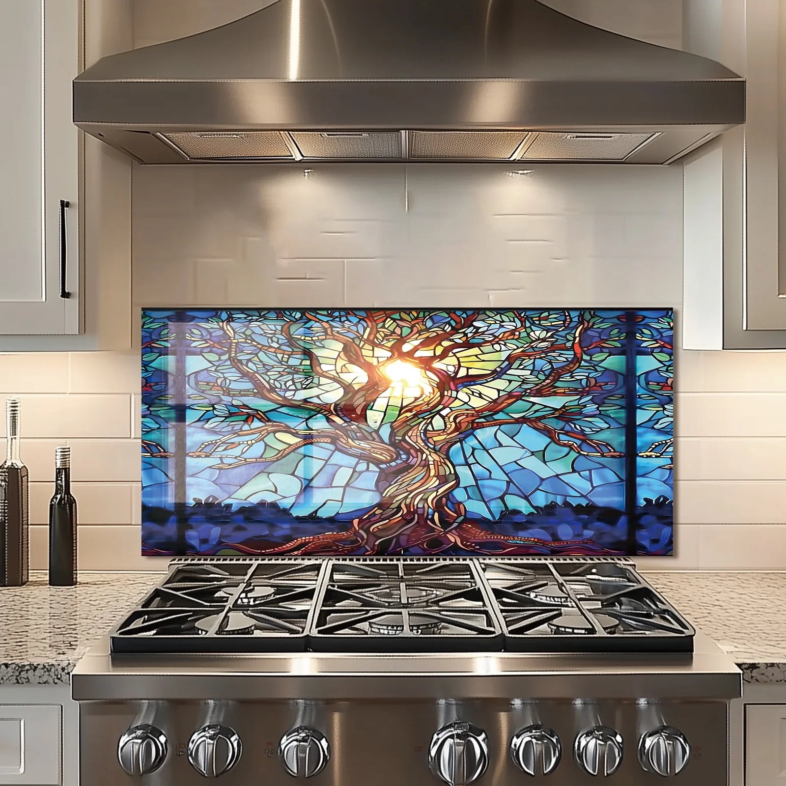 Mosaic Tree of Life Tempered Glass Backsplash for Kitchen Behind Stove, Stove Back Top Cover, Easy to Clean Glass Splashback, Sink Cover Splash Guard, Home Kitchen Wall Decor
