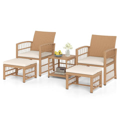 Tangkula 5 Piece Patio Wicker Conversation Set Includes 2 Armchairs, 2 Ottomans & 2-Tier Side Table