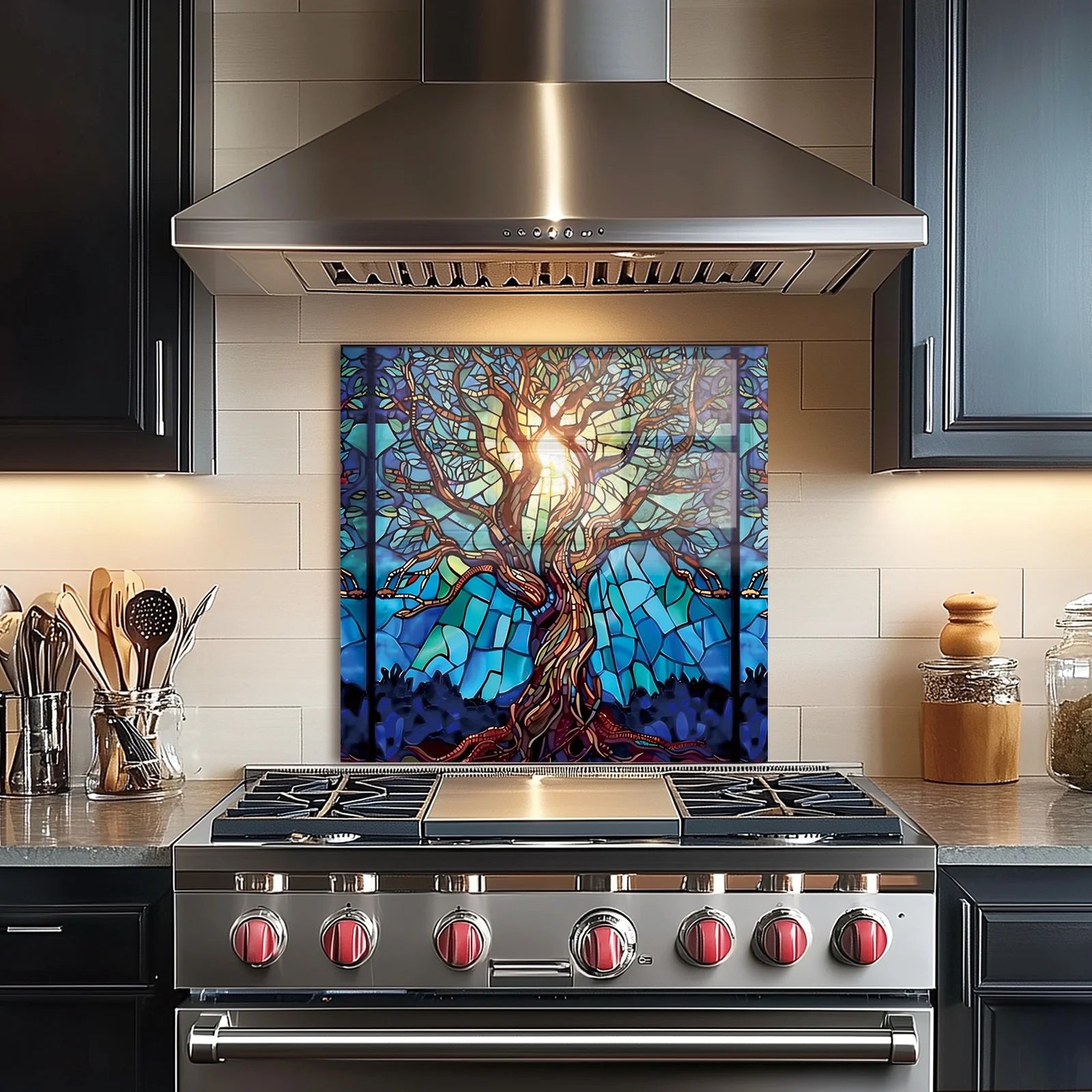 Mosaic Tree of Life Tempered Glass Backsplash for Kitchen Behind Stove, Stove Back Top Cover, Easy to Clean Glass Splashback, Sink Cover Splash Guard, Home Kitchen Wall Decor