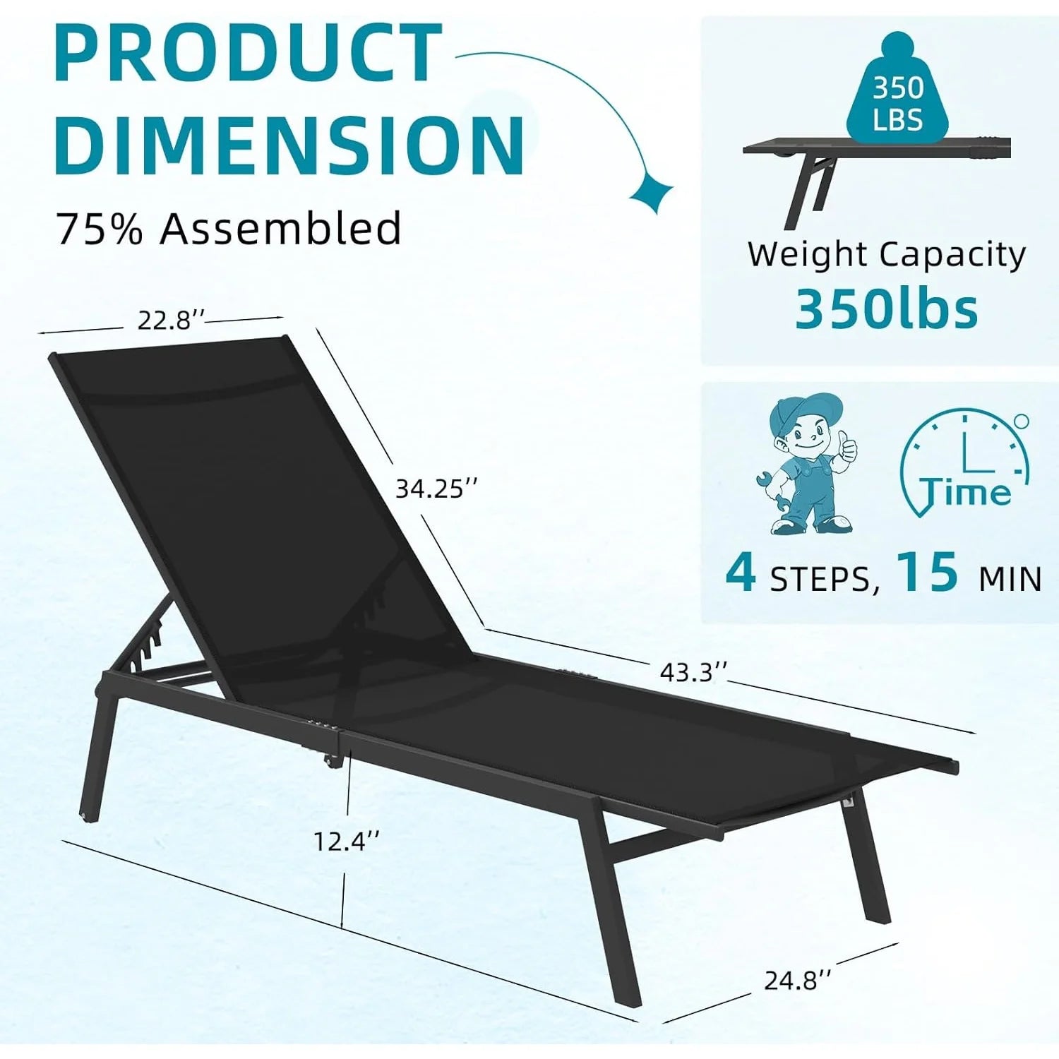 AECOJOY Patio Lounge Chairs for Outside, Outdoor Chaise Lounge with Wheels, Black, 2PCS