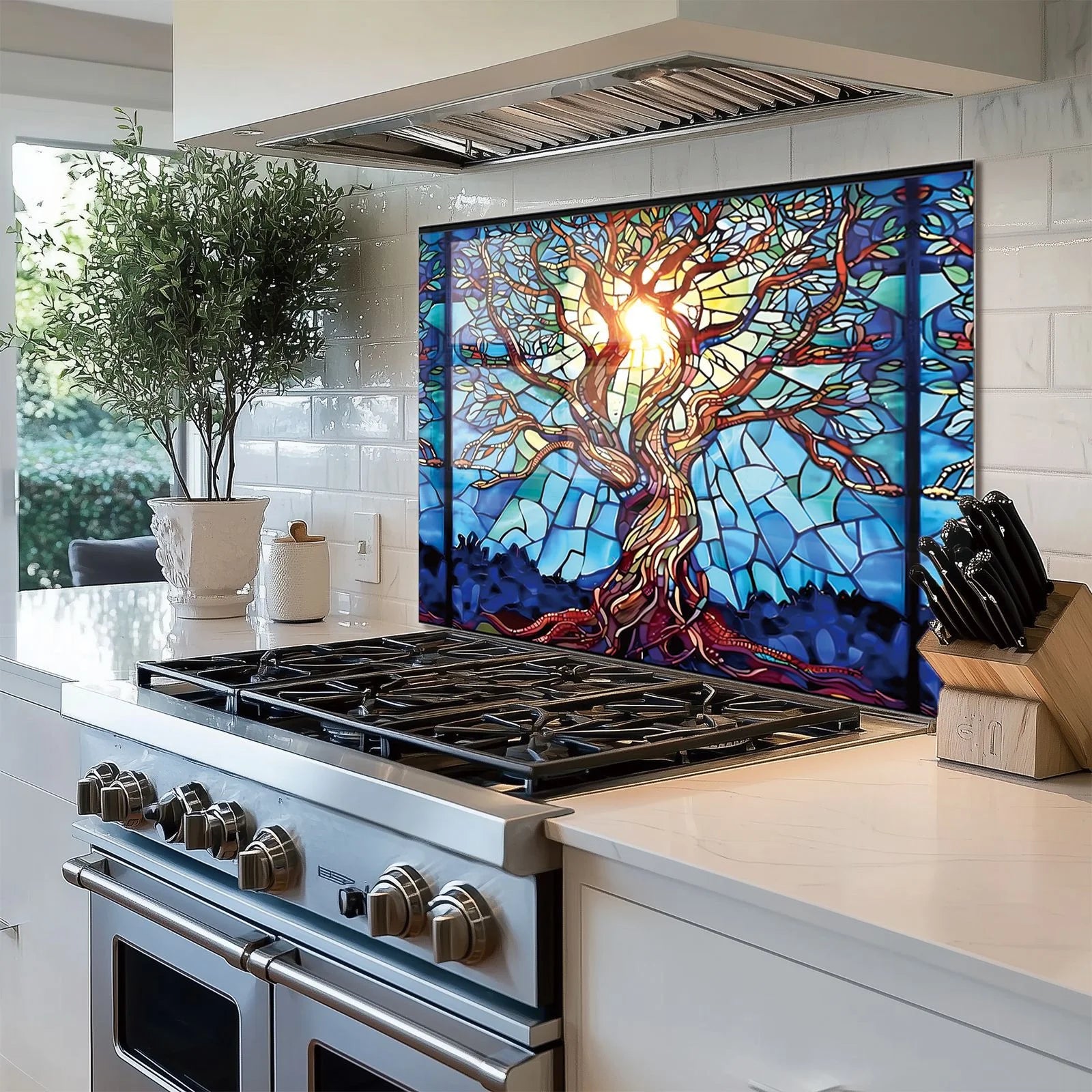 Mosaic Tree of Life Tempered Glass Backsplash for Kitchen Behind Stove, Stove Back Top Cover, Easy to Clean Glass Splashback, Sink Cover Splash Guard, Home Kitchen Wall Decor