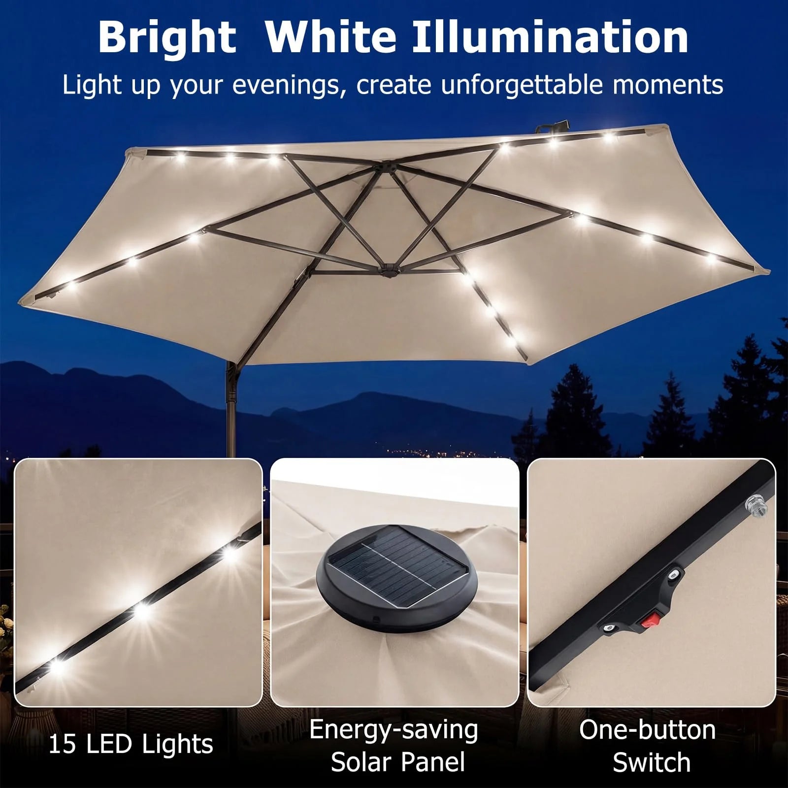 Tangkula 10ft Patio Offset Cantilever Outdoor Umbrella with LED Lights