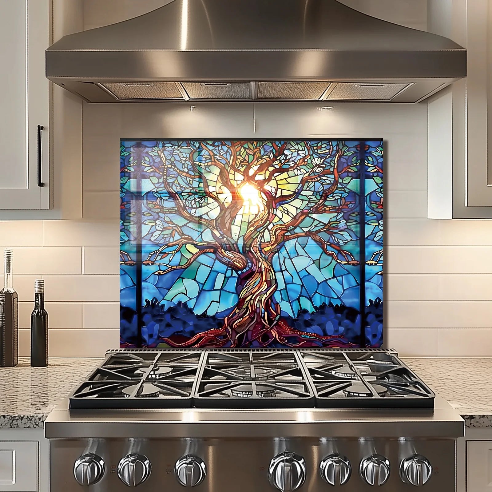 Mosaic Tree of Life Tempered Glass Backsplash for Kitchen Behind Stove, Stove Back Top Cover, Easy to Clean Glass Splashback, Sink Cover Splash Guard, Home Kitchen Wall Decor