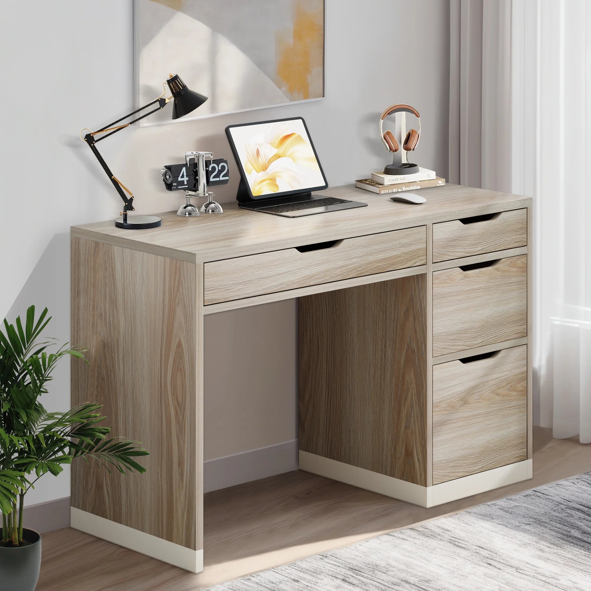 Dreamcurship White Desk with Drawers, Modern Computer Desk with File Drawers, Home Office Study Writing Desk with Storage, White